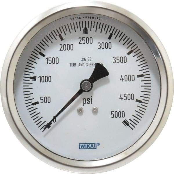 Wika - 4" Dial, 1/2 Thread, 0-5,000 Scale Range, Pressure Gauge - Lower Back Connection Mount, Accurate to 1% of Scale - Caliber Tooling