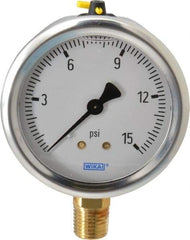 Wika - 2-1/2" Dial, 1/4 Thread, 0-15 Scale Range, Pressure Gauge - Lower Connection Mount, Accurate to 1.5% of Scale - Caliber Tooling