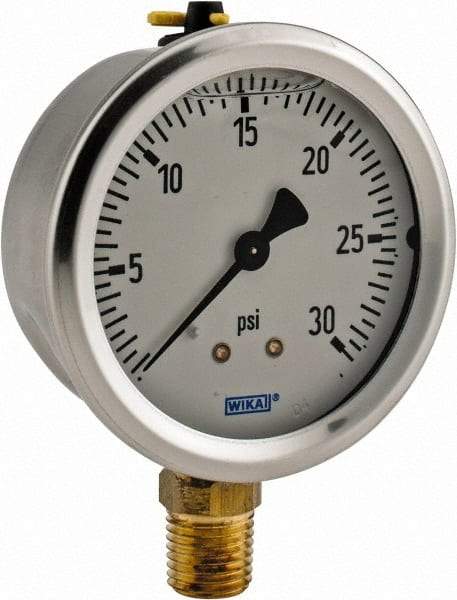 Wika - 2-1/2" Dial, 1/4 Thread, 0-30 Scale Range, Pressure Gauge - Lower Connection Mount, Accurate to 1.5% of Scale - Caliber Tooling