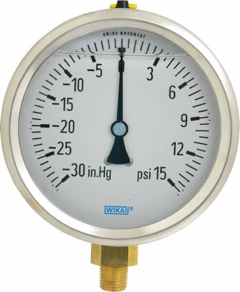 Wika - 4" Dial, 1/4 Thread, 30-0-15 Scale Range, Pressure Gauge - Lower Connection Mount, Accurate to 1% of Scale - Caliber Tooling