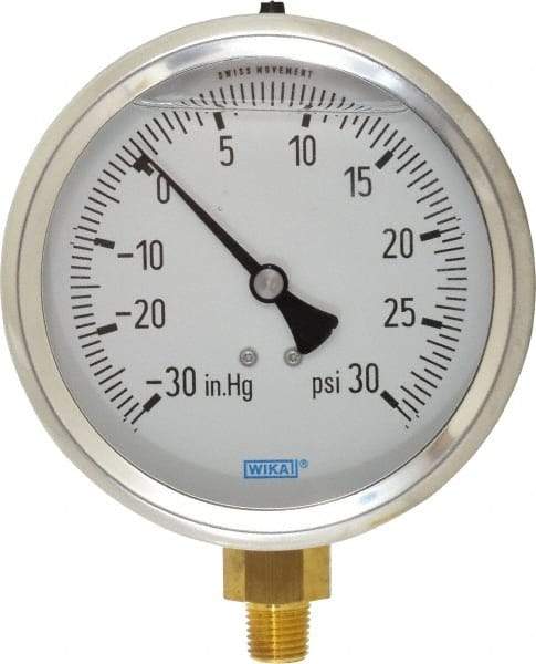 Wika - 4" Dial, 1/4 Thread, 30-0-30 Scale Range, Pressure Gauge - Lower Connection Mount, Accurate to 1% of Scale - Caliber Tooling