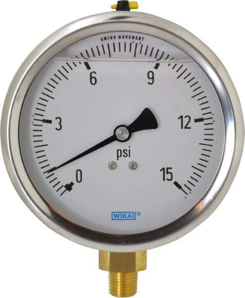 Wika - 4" Dial, 1/4 Thread, 0-15 Scale Range, Pressure Gauge - Lower Connection Mount, Accurate to 1% of Scale - Caliber Tooling