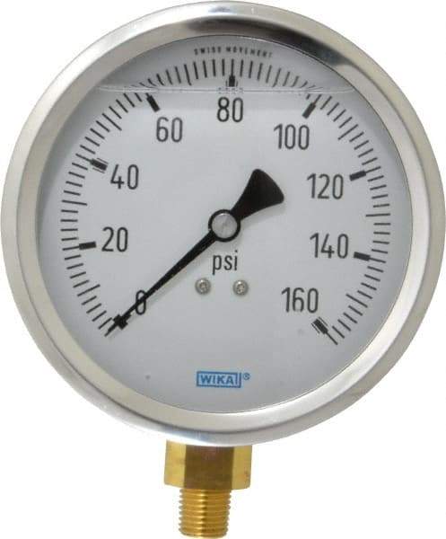 Wika - 4" Dial, 1/4 Thread, 0-160 Scale Range, Pressure Gauge - Lower Connection Mount, Accurate to 1% of Scale - Caliber Tooling