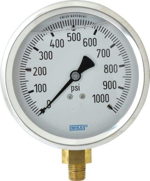 Wika - 4" Dial, 1/4 Thread, 0-1,000 Scale Range, Pressure Gauge - Lower Connection Mount, Accurate to 1% of Scale - Caliber Tooling