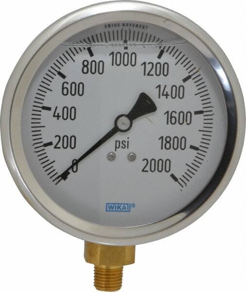 Wika - 4" Dial, 1/4 Thread, 0-2,000 Scale Range, Pressure Gauge - Lower Connection Mount, Accurate to 1% of Scale - Caliber Tooling