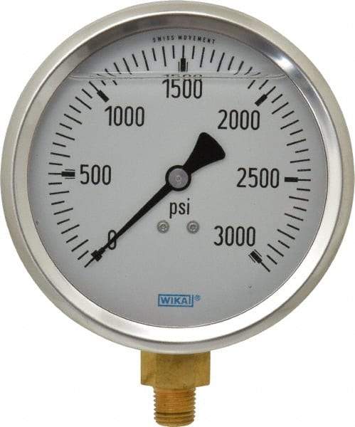 Wika - 4" Dial, 1/4 Thread, 0-3,000 Scale Range, Pressure Gauge - Lower Connection Mount, Accurate to 1% of Scale - Caliber Tooling