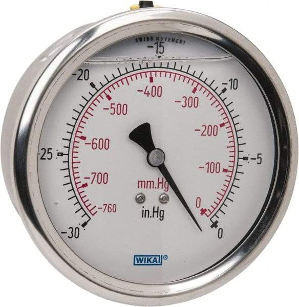 Wika - 4" Dial, 1/4 Thread, 30-0 Scale Range, Pressure Gauge - Lower Back Connection Mount, Accurate to 1% of Scale - Caliber Tooling