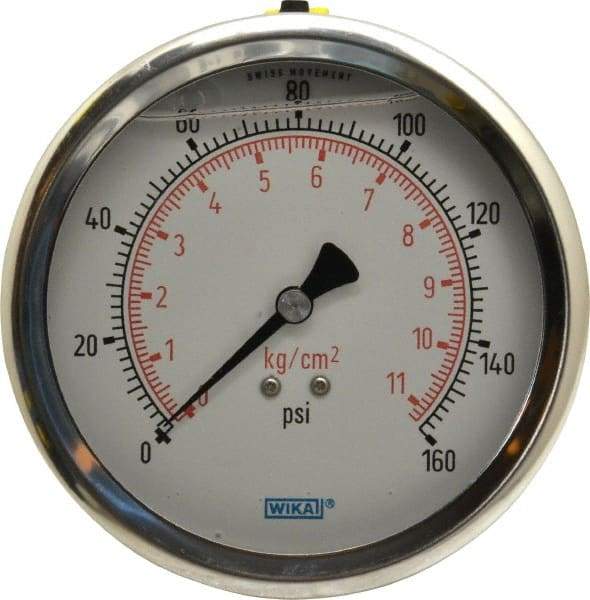 Wika - 4" Dial, 1/4 Thread, 0-160 Scale Range, Pressure Gauge - Lower Back Connection Mount, Accurate to 1% of Scale - Caliber Tooling