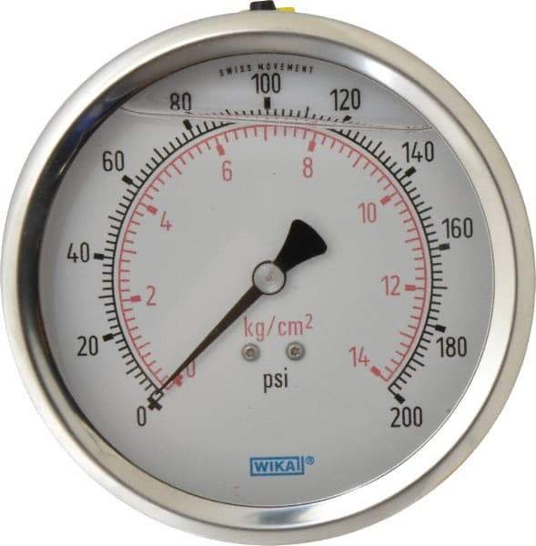 Wika - 4" Dial, 1/4 Thread, 0-200 Scale Range, Pressure Gauge - Lower Back Connection Mount, Accurate to 1% of Scale - Caliber Tooling