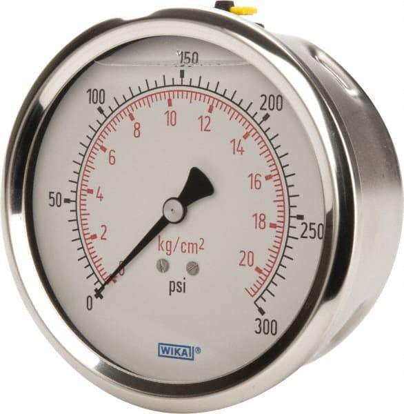 Wika - 4" Dial, 1/4 Thread, 0-300 Scale Range, Pressure Gauge - Lower Back Connection Mount, Accurate to 1% of Scale - Caliber Tooling