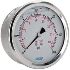 Wika - 4" Dial, 1/4 Thread, 0-600 Scale Range, Pressure Gauge - Lower Back Connection Mount, Accurate to 1% of Scale - Caliber Tooling