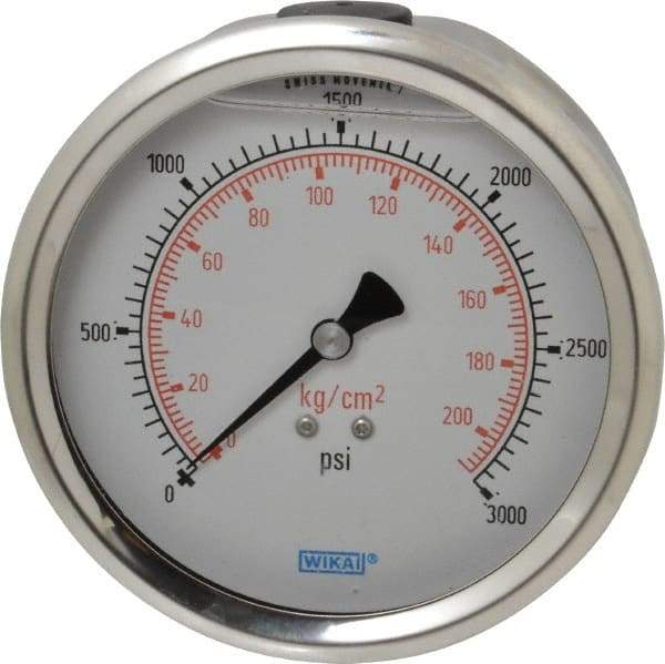 Wika - 4" Dial, 1/4 Thread, 0-3,000 Scale Range, Pressure Gauge - Lower Back Connection Mount, Accurate to 1% of Scale - Caliber Tooling