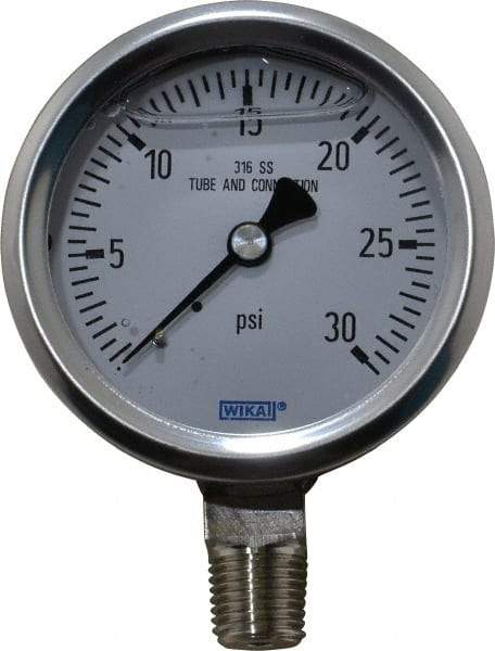 Wika - 2-1/2" Dial, 1/4 Thread, 0-30 Scale Range, Pressure Gauge - Lower Connection Mount, Accurate to 1.5% of Scale - Caliber Tooling