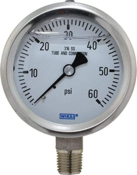 Wika - 2-1/2" Dial, 1/4 Thread, 0-60 Scale Range, Pressure Gauge - Lower Connection Mount, Accurate to 1.5% of Scale - Caliber Tooling