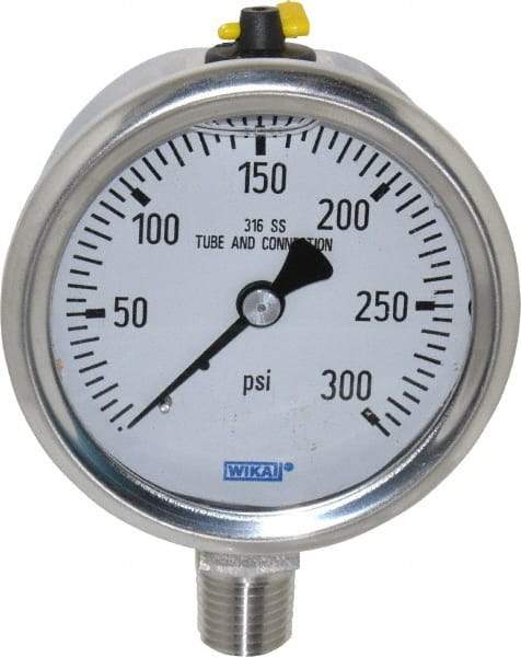 Wika - 2-1/2" Dial, 1/4 Thread, 0-300 Scale Range, Pressure Gauge - Lower Connection Mount, Accurate to 1.5% of Scale - Caliber Tooling