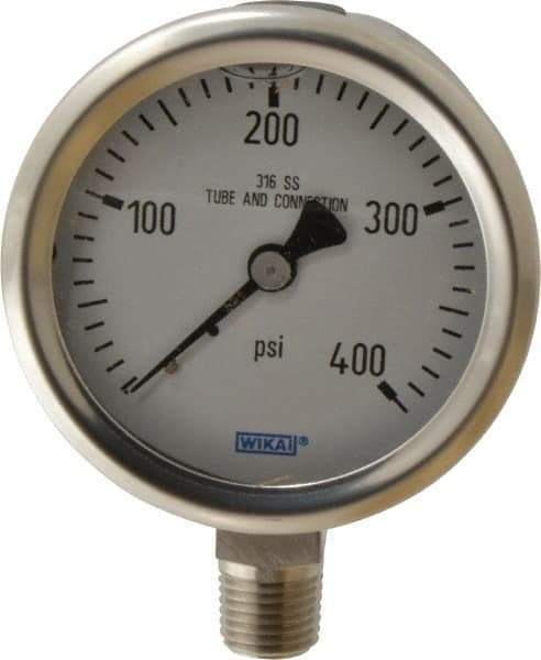 Wika - 2-1/2" Dial, 1/4 Thread, 0-400 Scale Range, Pressure Gauge - Lower Connection Mount, Accurate to 1.5% of Scale - Caliber Tooling