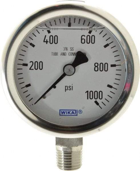 Wika - 2-1/2" Dial, 1/4 Thread, 0-1,000 Scale Range, Pressure Gauge - Lower Connection Mount, Accurate to 1.5% of Scale - Caliber Tooling