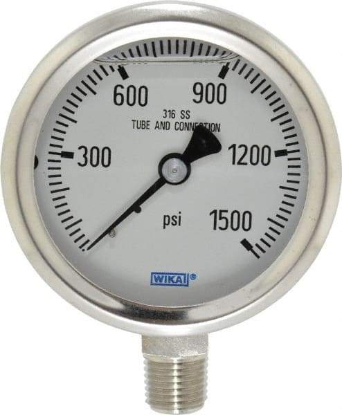 Wika - 2-1/2" Dial, 1/4 Thread, 0-1,500 Scale Range, Pressure Gauge - Lower Connection Mount, Accurate to 1.5% of Scale - Caliber Tooling