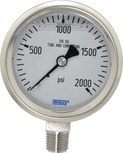 Wika - 2-1/2" Dial, 1/4 Thread, 0-2,000 Scale Range, Pressure Gauge - Lower Connection Mount, Accurate to 1.5% of Scale - Caliber Tooling