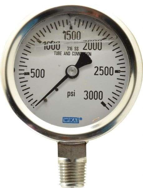 Wika - 2-1/2" Dial, 1/4 Thread, 0-3,000 Scale Range, Pressure Gauge - Lower Connection Mount, Accurate to 1.5% of Scale - Caliber Tooling