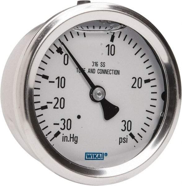 Wika - 2-1/2" Dial, 1/4 Thread, 30-0-30 Scale Range, Pressure Gauge - Center Back Connection Mount, Accurate to 1.5% of Scale - Caliber Tooling