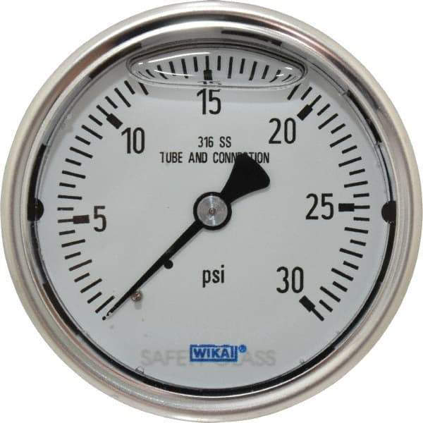 Wika - 2-1/2" Dial, 1/4 Thread, 0-30 Scale Range, Pressure Gauge - Center Back Connection Mount, Accurate to 1.5% of Scale - Caliber Tooling