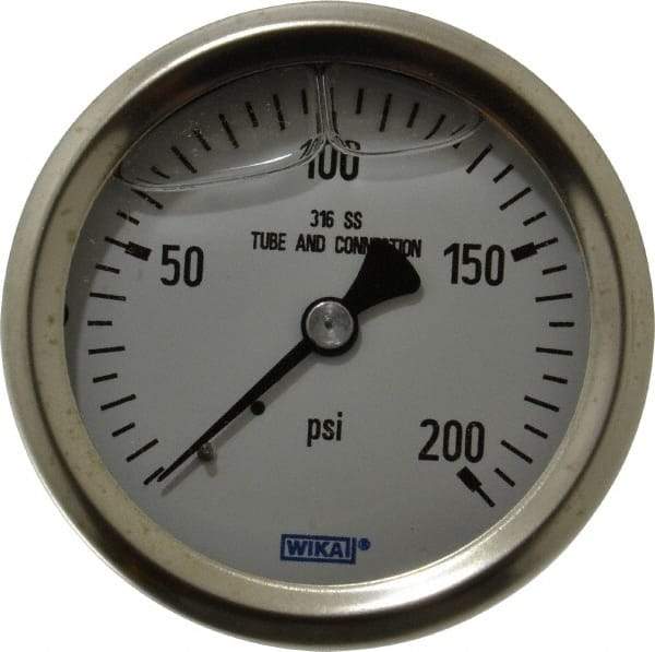 Wika - 2-1/2" Dial, 1/4 Thread, 0-200 Scale Range, Pressure Gauge - Center Back Connection Mount, Accurate to 1.5% of Scale - Caliber Tooling