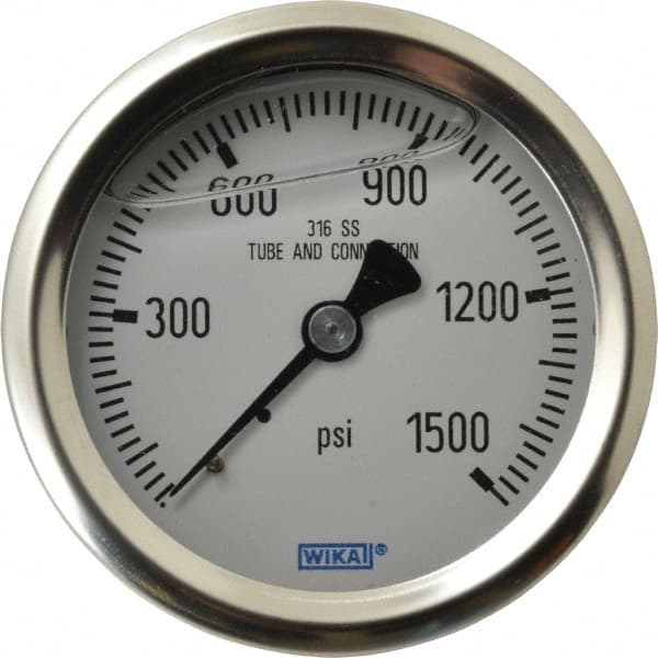 Wika - 2-1/2" Dial, 1/4 Thread, 0-1,500 Scale Range, Pressure Gauge - Center Back Connection Mount, Accurate to 1.5% of Scale - Caliber Tooling