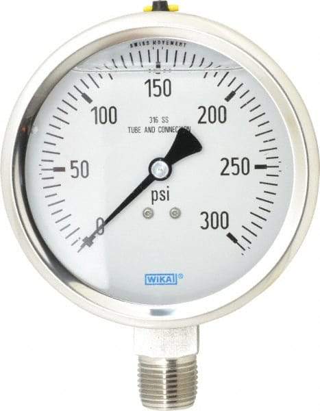 Wika - 4" Dial, 1/2 Thread, 0-300 Scale Range, Pressure Gauge - Lower Connection Mount, Accurate to 1% of Scale - Caliber Tooling