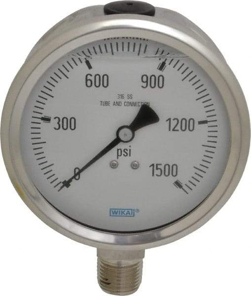 Wika - 4" Dial, 1/2 Thread, 0-1,500 Scale Range, Pressure Gauge - Lower Connection Mount, Accurate to 1% of Scale - Caliber Tooling