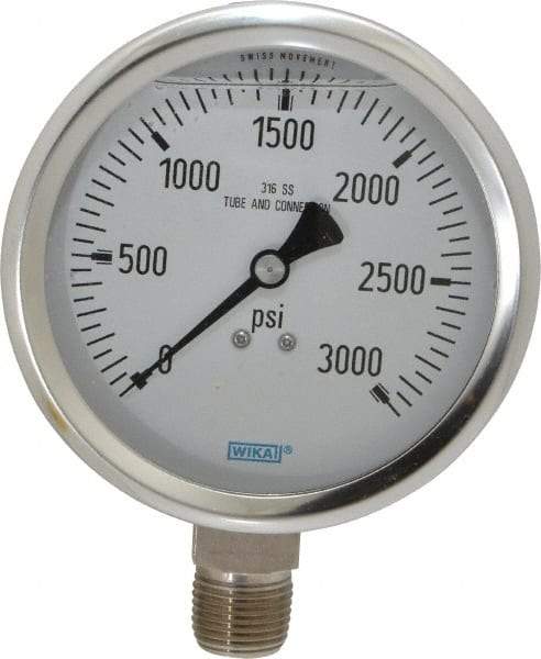 Wika - 4" Dial, 1/2 Thread, 0-3,000 Scale Range, Pressure Gauge - Lower Connection Mount, Accurate to 1% of Scale - Caliber Tooling