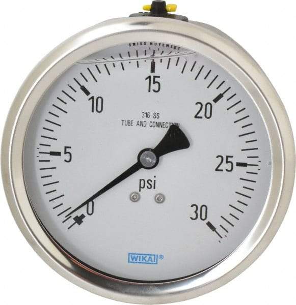 Wika - 4" Dial, 1/2 Thread, 0-30 Scale Range, Pressure Gauge - Lower Back Connection Mount, Accurate to 1% of Scale - Caliber Tooling