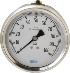 Wika - 4" Dial, 1/2 Thread, 0-100 Scale Range, Pressure Gauge - Lower Back Connection Mount, Accurate to 1% of Scale - Caliber Tooling