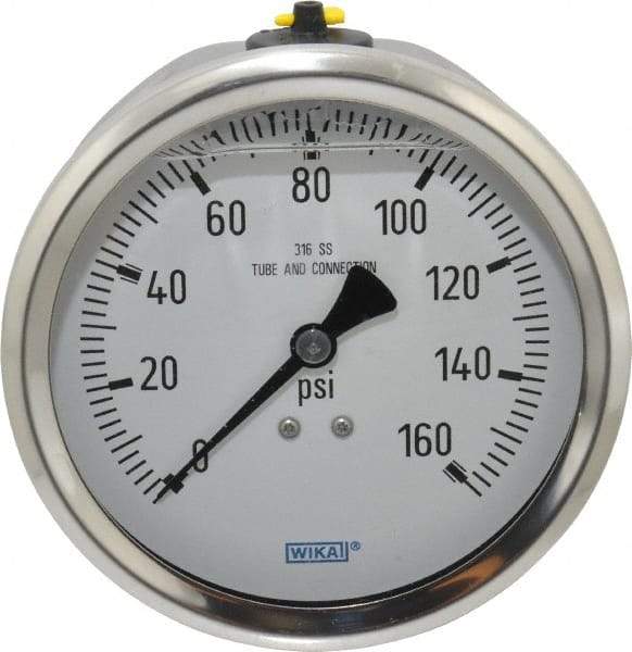 Wika - 4" Dial, 1/2 Thread, 0-160 Scale Range, Pressure Gauge - Lower Back Connection Mount, Accurate to 1% of Scale - Caliber Tooling