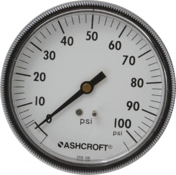 Ashcroft - 3-1/2" Dial, 1/4 Thread, 0-100 Scale Range, Pressure Gauge - Center Back Connection Mount - Caliber Tooling