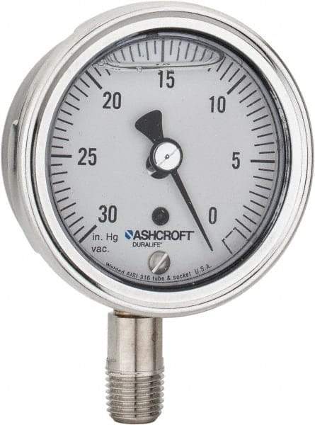 Ashcroft - 2-1/2" Dial, 1/4 Thread, 30-0 Scale Range, Pressure Gauge - Lower Connection Mount, Accurate to 1% of Scale - Caliber Tooling