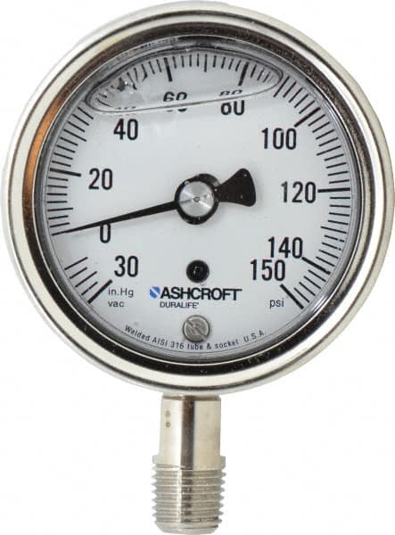 Ashcroft - 2-1/2" Dial, 1/4 Thread, 30-0-150 Scale Range, Pressure Gauge - Lower Connection Mount, Accurate to 1% of Scale - Caliber Tooling