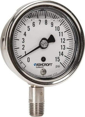 Ashcroft - 2-1/2" Dial, 1/4 Thread, 0-15 Scale Range, Pressure Gauge - Lower Connection Mount, Accurate to 1% of Scale - Caliber Tooling