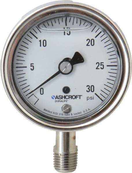 Ashcroft - 2-1/2" Dial, 1/4 Thread, 0-30 Scale Range, Pressure Gauge - Lower Connection Mount, Accurate to 1% of Scale - Caliber Tooling