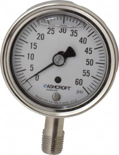 Ashcroft - 2-1/2" Dial, 1/4 Thread, 0-60 Scale Range, Pressure Gauge - Lower Connection Mount, Accurate to 1% of Scale - Caliber Tooling