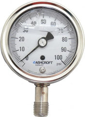 Ashcroft - 2-1/2" Dial, 1/4 Thread, 0-100 Scale Range, Pressure Gauge - Lower Connection Mount, Accurate to 1% of Scale - Caliber Tooling