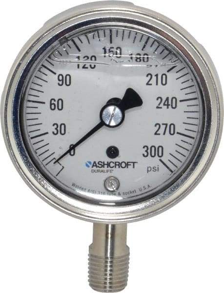 Ashcroft - 2-1/2" Dial, 1/4 Thread, 0-300 Scale Range, Pressure Gauge - Lower Connection Mount, Accurate to 1% of Scale - Caliber Tooling