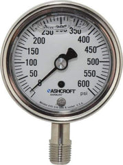 Ashcroft - 2-1/2" Dial, 1/4 Thread, 0-600 Scale Range, Pressure Gauge - Lower Connection Mount, Accurate to 1% of Scale - Caliber Tooling