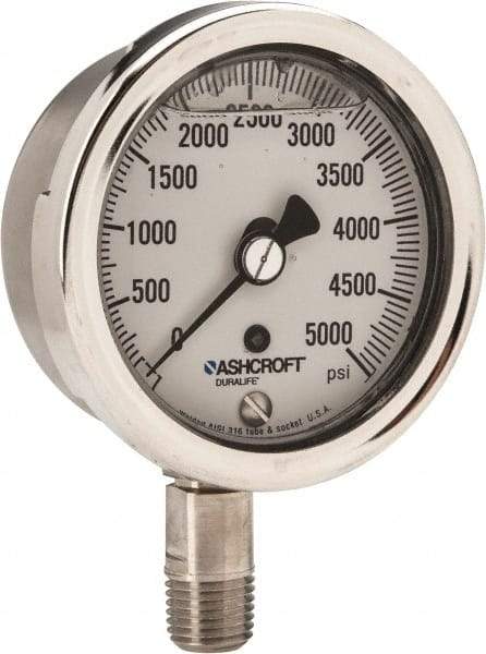 Ashcroft - 2-1/2" Dial, 1/4 Thread, 0-5,000 Scale Range, Pressure Gauge - Lower Connection Mount, Accurate to 1% of Scale - Caliber Tooling