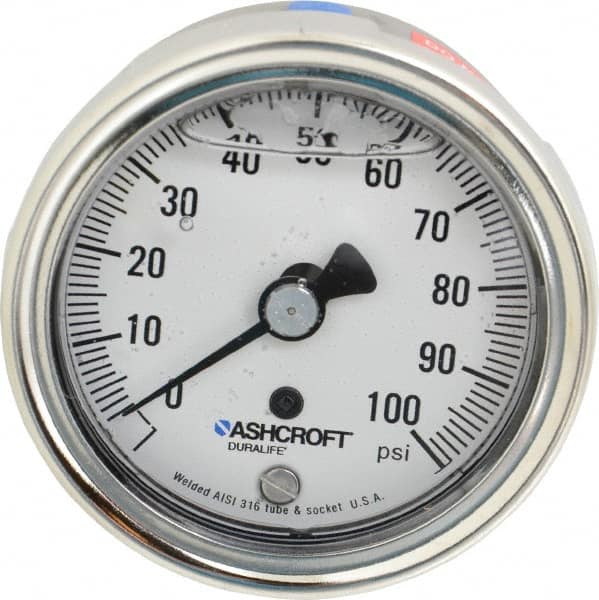 Ashcroft - 2-1/2" Dial, 1/4 Thread, 0-100 Scale Range, Pressure Gauge - Center Back Connection Mount, Accurate to 1% of Scale - Caliber Tooling