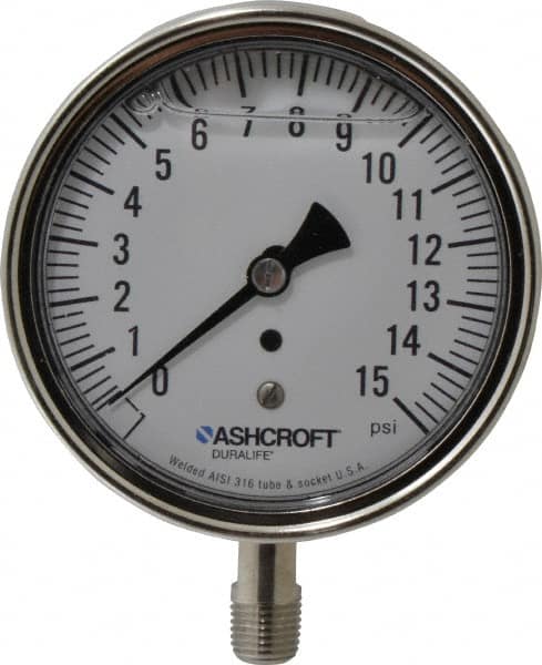 Ashcroft - 3-1/2" Dial, 1/4 Thread, 0-15 Scale Range, Pressure Gauge - Lower Connection Mount, Accurate to 1% of Scale - Caliber Tooling