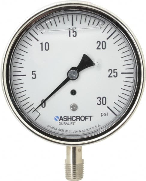 Ashcroft - 3-1/2" Dial, 1/4 Thread, 0-30 Scale Range, Pressure Gauge - Lower Connection Mount, Accurate to 1% of Scale - Caliber Tooling