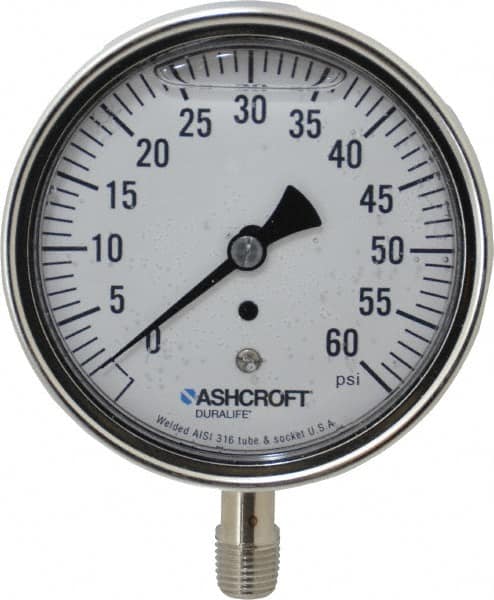 Ashcroft - 3-1/2" Dial, 1/4 Thread, 0-60 Scale Range, Pressure Gauge - Lower Connection Mount, Accurate to 1% of Scale - Caliber Tooling