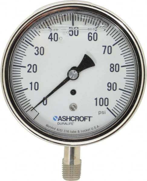 Ashcroft - 3-1/2" Dial, 1/4 Thread, 0-100 Scale Range, Pressure Gauge - Lower Connection Mount, Accurate to 1% of Scale - Caliber Tooling