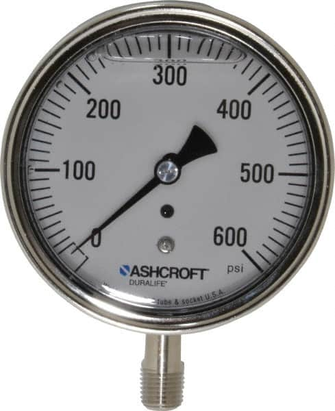 Ashcroft - 3-1/2" Dial, 1/4 Thread, 0-600 Scale Range, Pressure Gauge - Lower Connection Mount, Accurate to 1% of Scale - Caliber Tooling